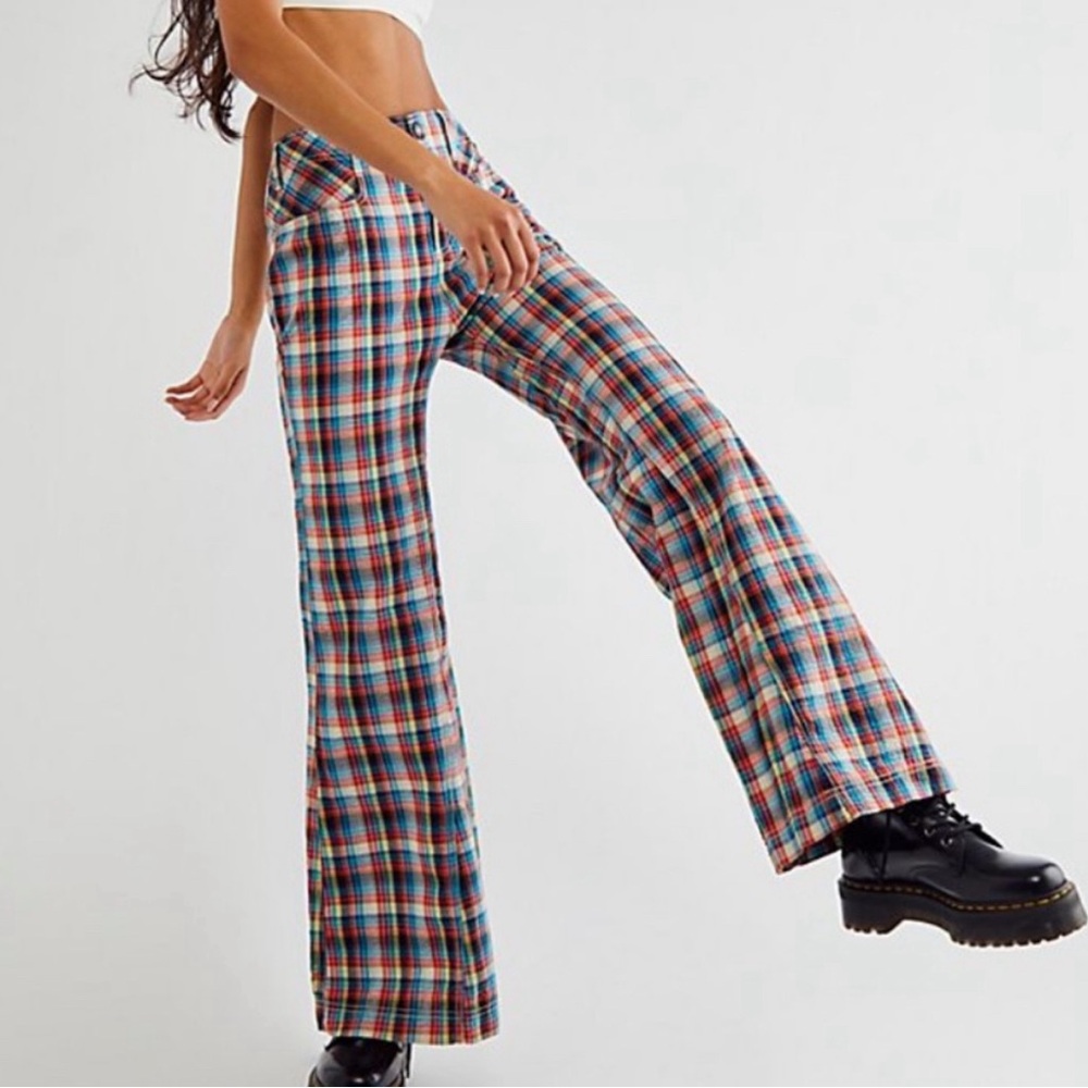 Free People Multicolor Gingham Flare Low Rise Pants